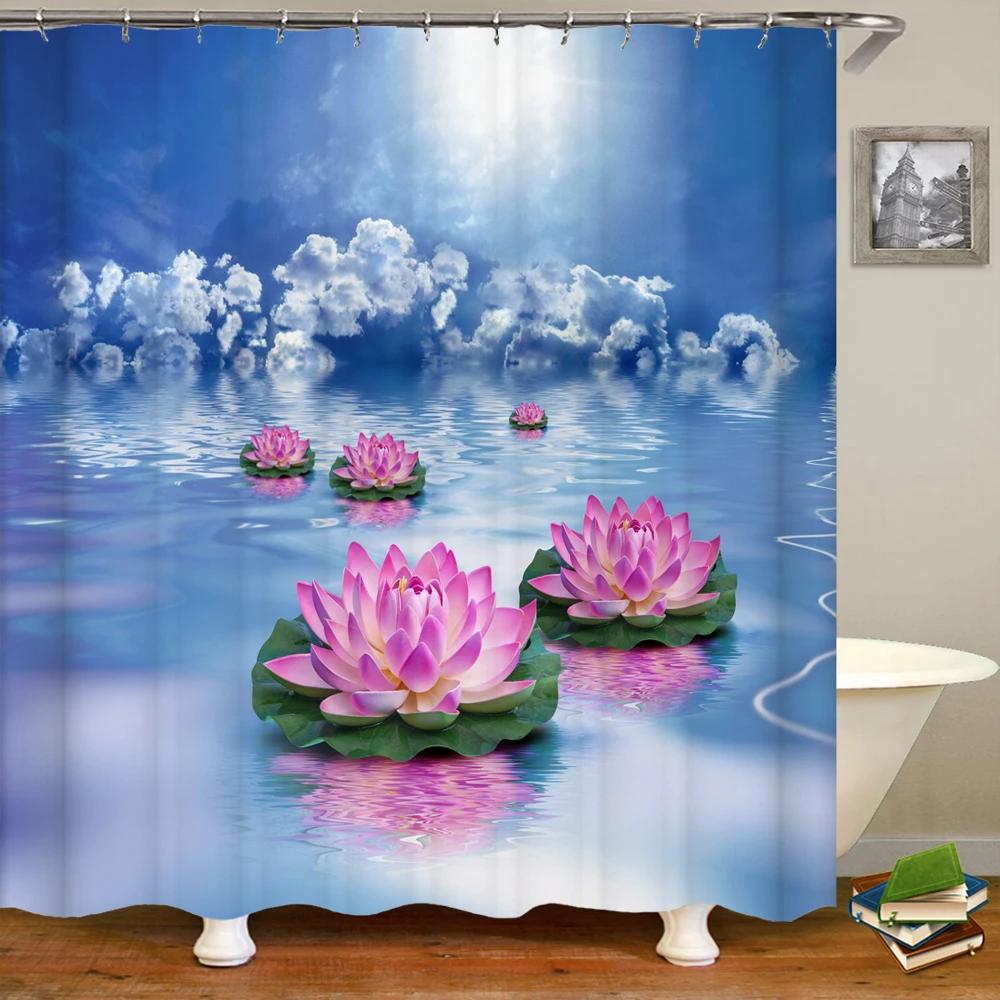 Flowers Plant Pebble Printed Shower Curtain Waterproof Washable Bathroom Decorative Curtain 3D Shower Curtains With Hook 240X180