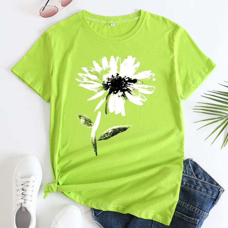 Summer Round Neck Floral Print Top Fashionable Casual Short Sleeved Women's Pure Cotton T-shirt
