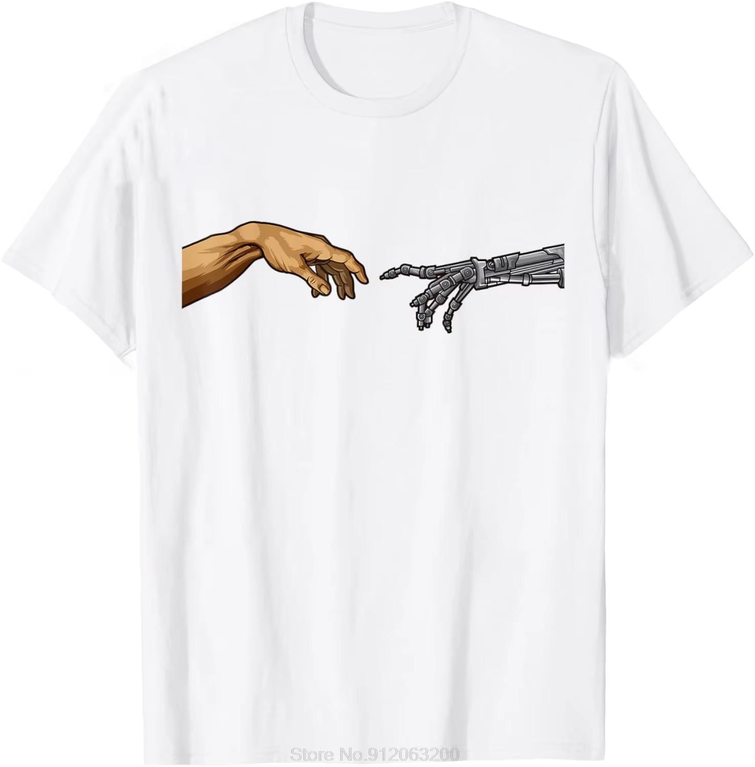 

Michelangelo Creation of Adam Hands Cyborg Robotics Funny AI T-Shirt Funny Fashion Graphic T Shirt Men Cotton Tshirt Tees 4XL