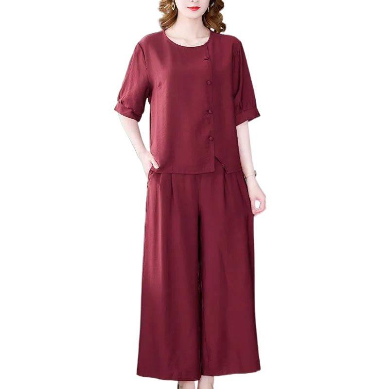 Stylish Cotton Linen Summer Outfit Set for Middle-aged Women - Short Sleeve Top 2026