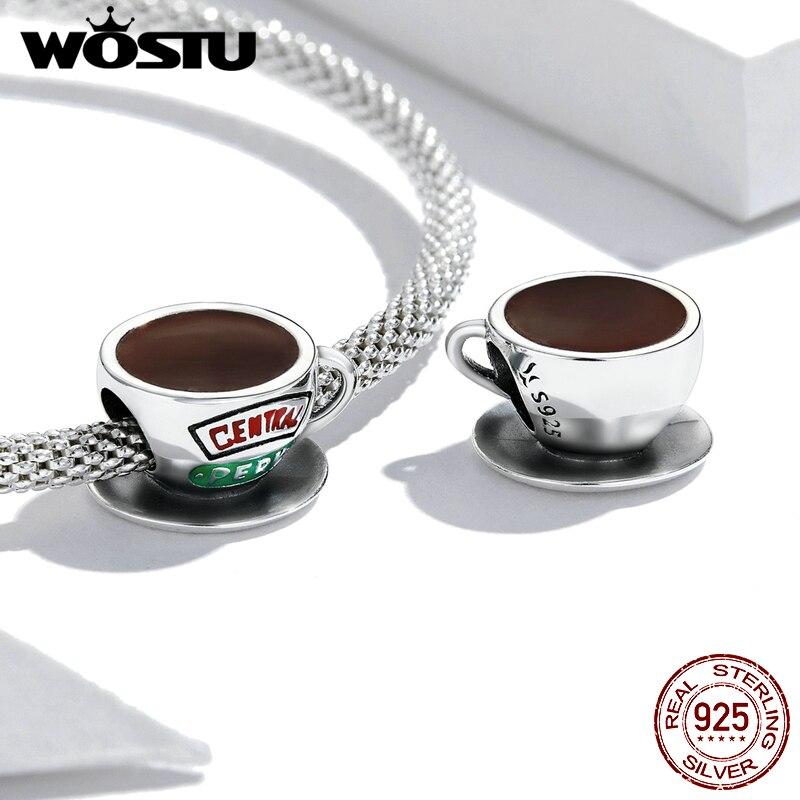 WOSTU 925 sterlingsølv kaffekopp bokstaver sjarm perle anheng passer originalt armbånd halskjede for kvinner smykker