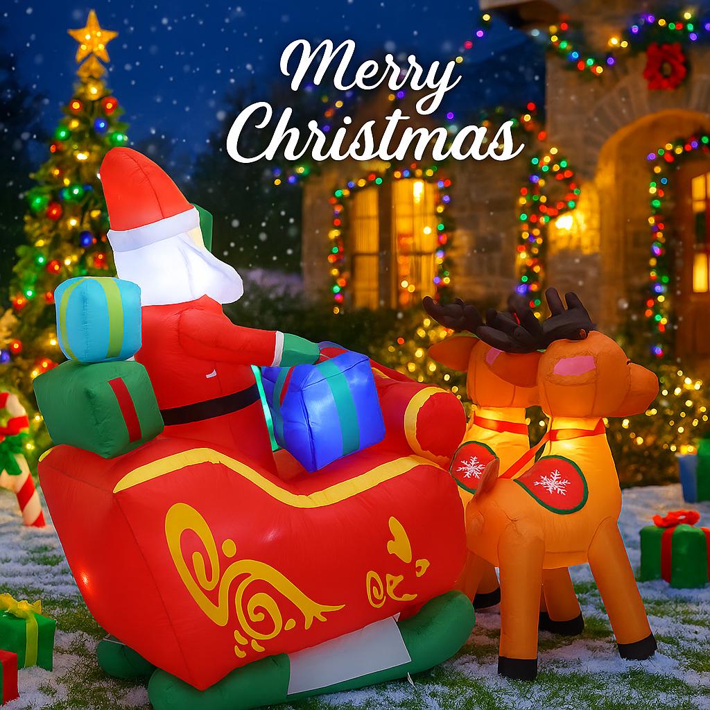 5.91FT Inflatable Santa Reindeer Sleigh Toy LED Lit Festive Gift Xmas Yard Party Decoration Christmas Supplies Home Ornament
