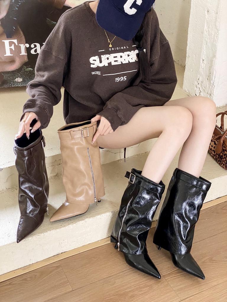2025 autumn and winter new fashion boots British leather buckle pointed women's boots personalized zipper trouser boots design sense medium boots