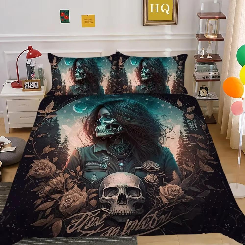 Skull and Beauty Duvet Cover Set Full Size Gothic Sugar Skull Angels and Demons Bedding Set with Pillowcase Twin Double Bed Sets