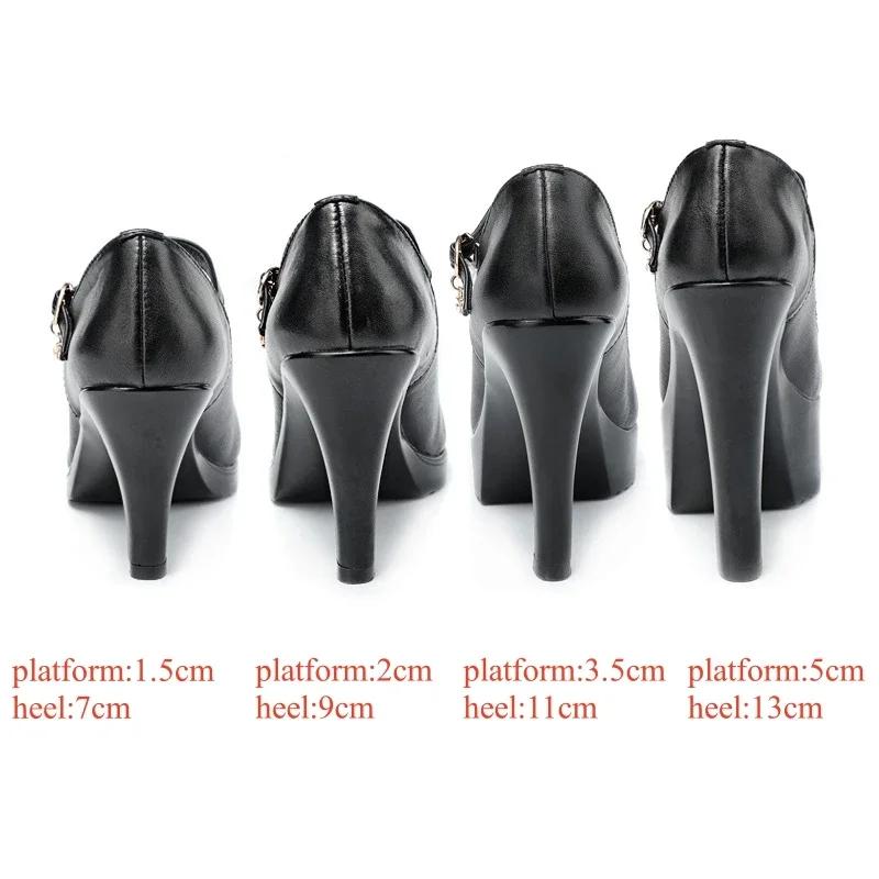 7 9 11 13 Small Size 32-43 Shallow Thick Bottom Genuine Leather Shoes Platform Pumps 2025 Block High Heels Shoes Model Office