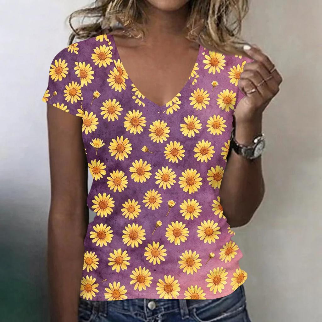 Women Casual V Neck Short Sleeve Floral Print T Shirt Lightweight Soft Fabric Summer Top for Everyday Wear