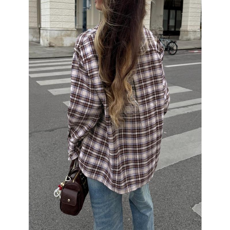 Casual Resort Button-Down Plaid Shirt Top Women 2025 Autumn Winter