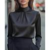 Women's Mock Neck Pleated Front Solid Color Satin Long Sleeve Blouse Elegant Casual Top