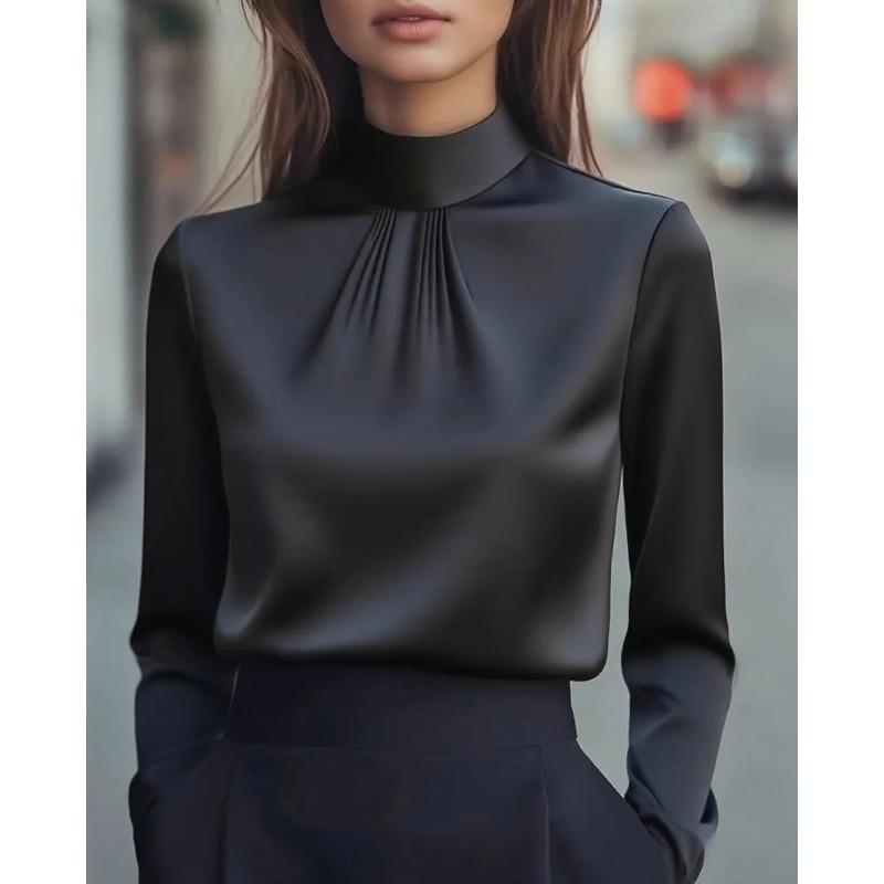 Women's Mock Neck Pleated Front Solid Color Satin Long Sleeve Blouse Elegant Casual Top