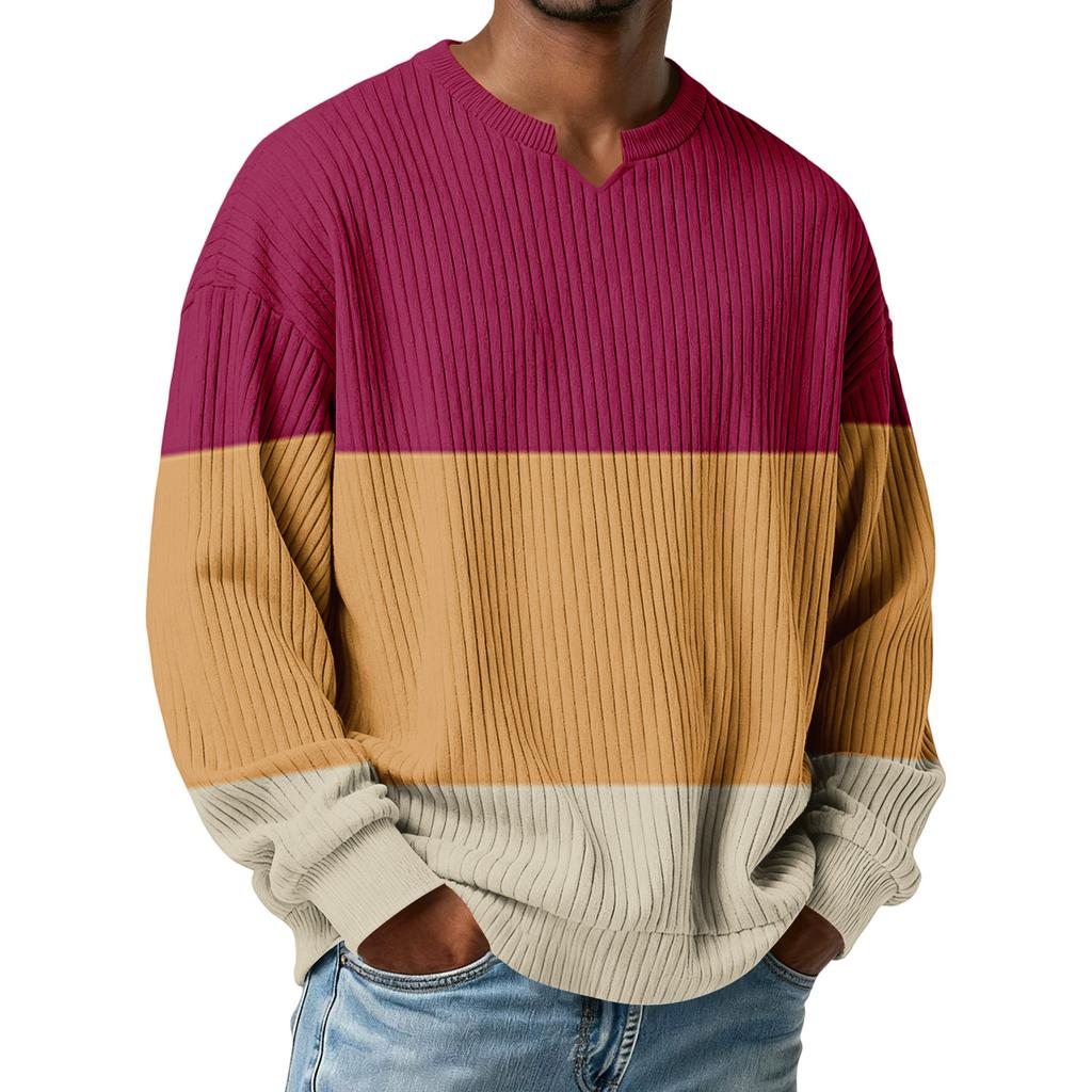 Men's Color-Blocked Stylish V-Neck Ribbed Textured Long-Sleeve T-Shirt