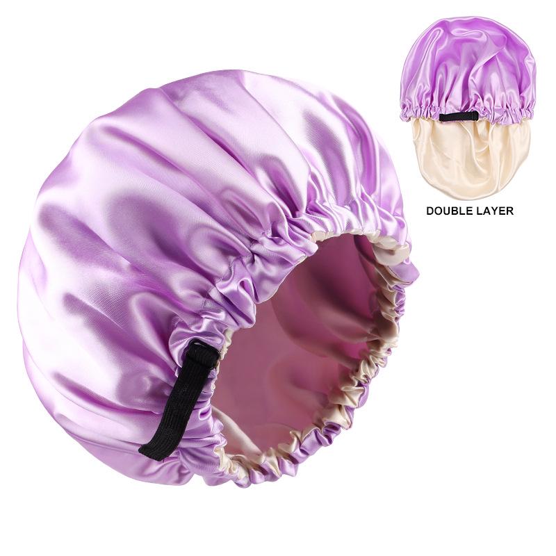 Dual-Layer Satin Sleep Cap with Adjustable Buckle, Reversible Solid Color Design - Elastic European/American Shower Cap