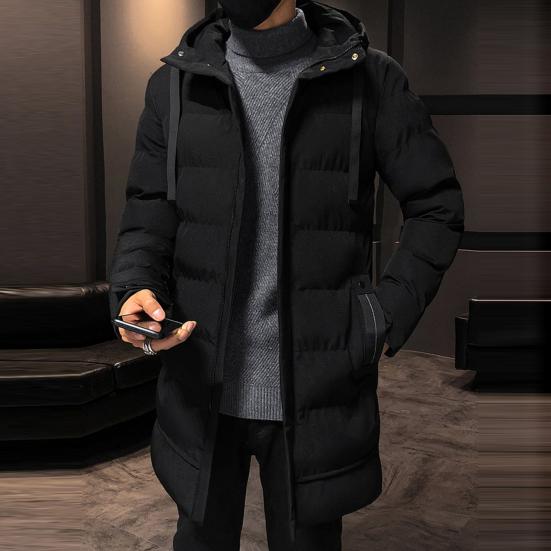 Autumn Winter Men Jacket Cotton Padded Hooded Long Sleeve Drawstring Mid-length Windbreaker for Daily Wear