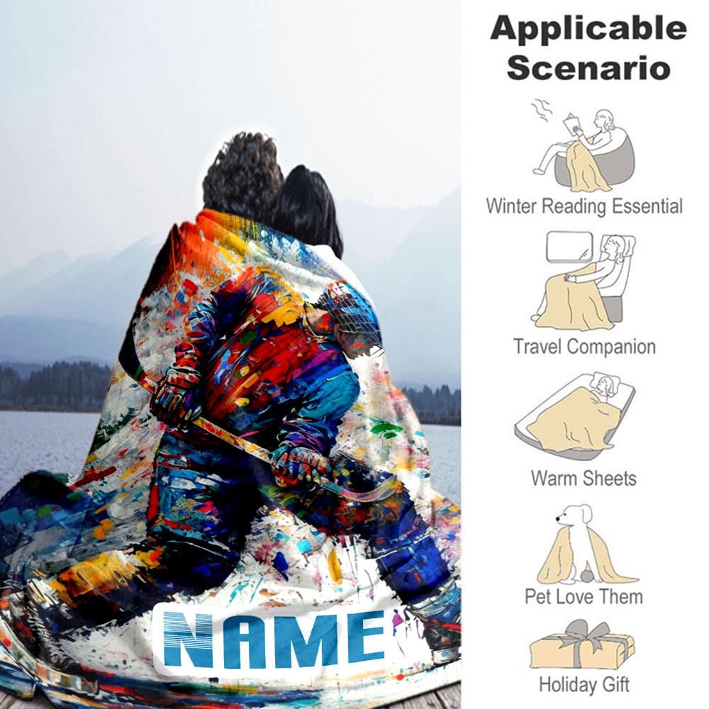 Color Hockey Player Customize Your Name Blanket Multi-purpose Personalized Blanket Durable Comfort Perfect for Nap Seaside Office Chair