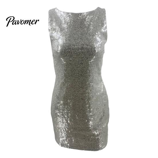 Slim Waist Design Dress Women Evening Prom Cocktail Party Sequin Mini Bow Backless Fit Sleeveless Round Neck Short for Actress Celebrity Lightweight