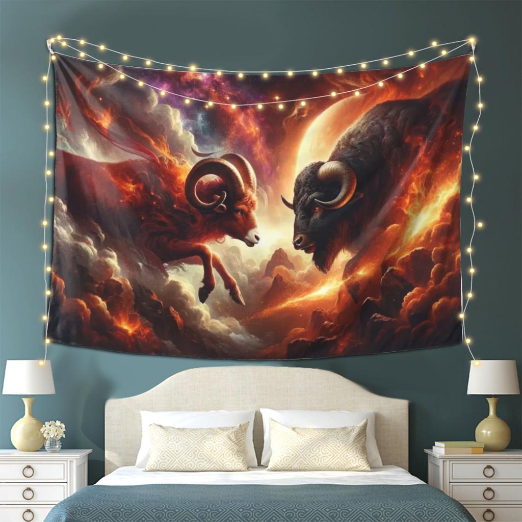 Feuriger Tierkreis-Kollisions-Wandteppich Feiern Sie Astrologische Kunst mit Widder und Stier im Kosmischen Kampf Perfekt für Schlafzimmerdekoration