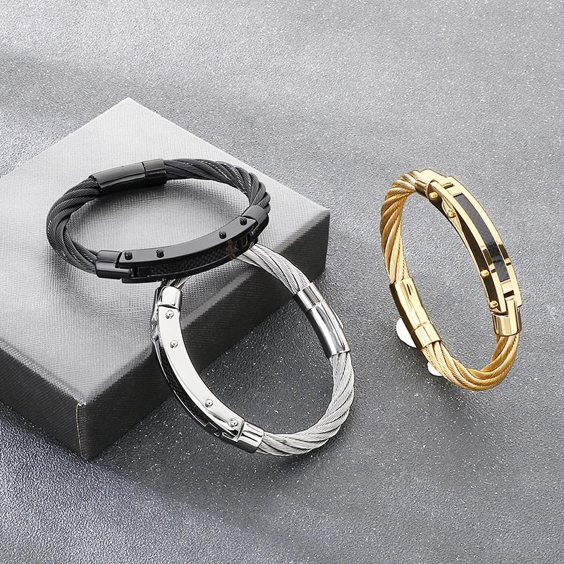 Stainless Steel Cable Wire Bracelet for Men Gold Color Magnetic Clasp Jewelry Trendy Black Accent Wristband Accessory for Gifts