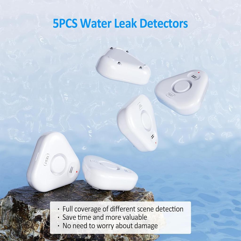 5 Pack Water Leak Detectors for Home, Stechro 4 Levels Adjustable Audio 0-120dB Water Sensor Alarm Leak Detector with Leak and Drip Alert, IP66 Water