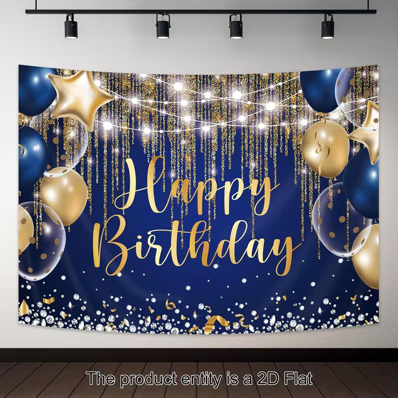 2D Printing Luxury Navy Blue Birthday Tapestry, Gold Glitter Party Wall Decor