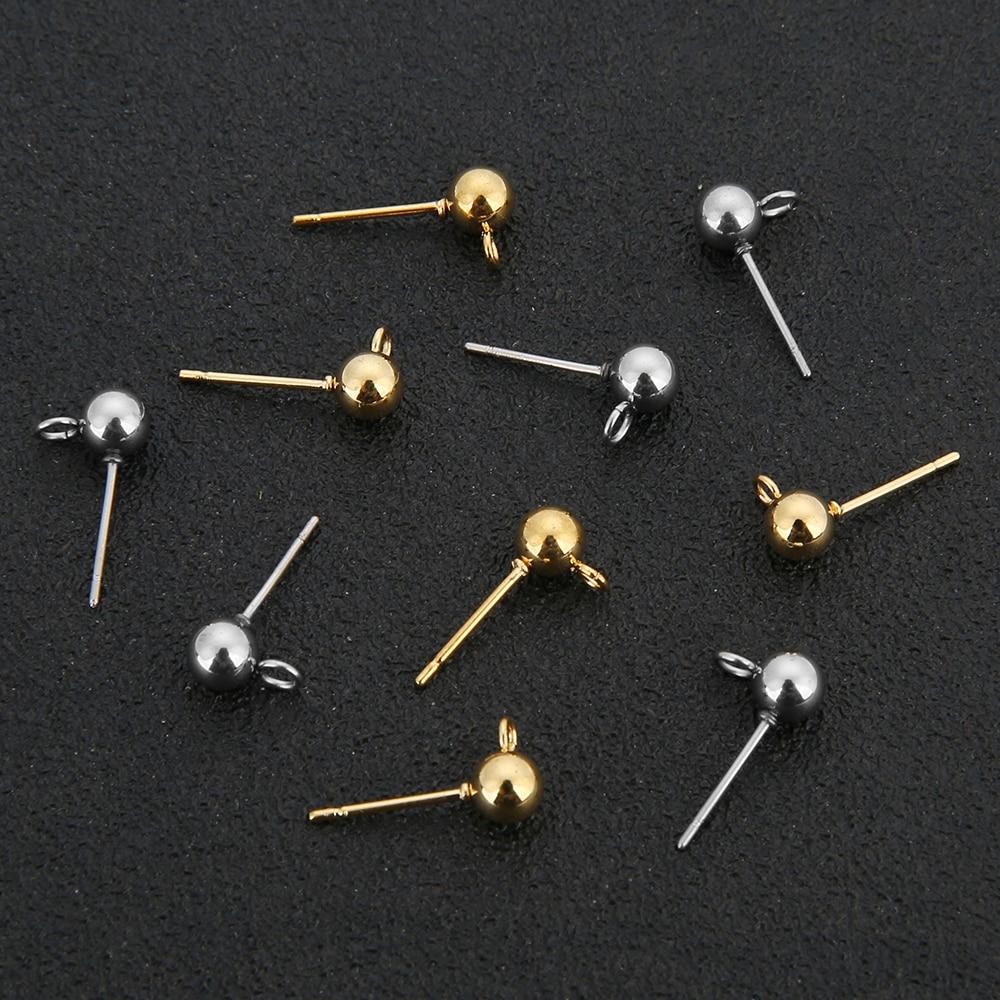 20pcs /Lot Surgical Stainless Steel 3 4 5 6mm Round Ball Earrings Stud Post With Loop Fit Women Diy Earring Jewelry Making Craft