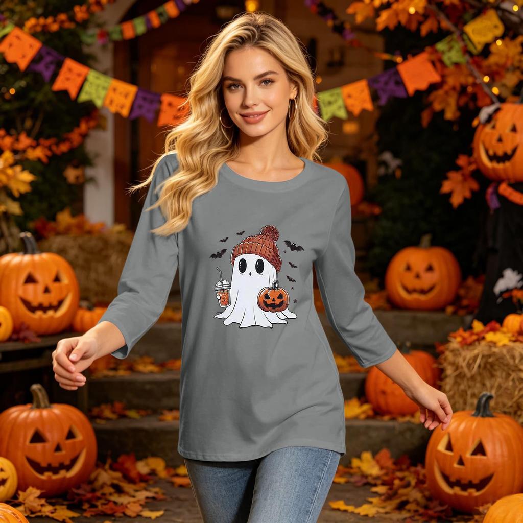 Women's Fashion Casual Halloween Print Three-Quarter Sleeve Neck Top for Fall Festive Wear