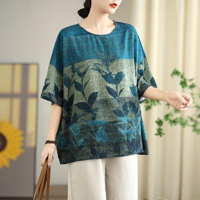 Kurzarm Oversized Baumwolle Vintage Blumenmuster Lässiges lockeres T-Shirt Tops Damen Sommer T-Shirt
