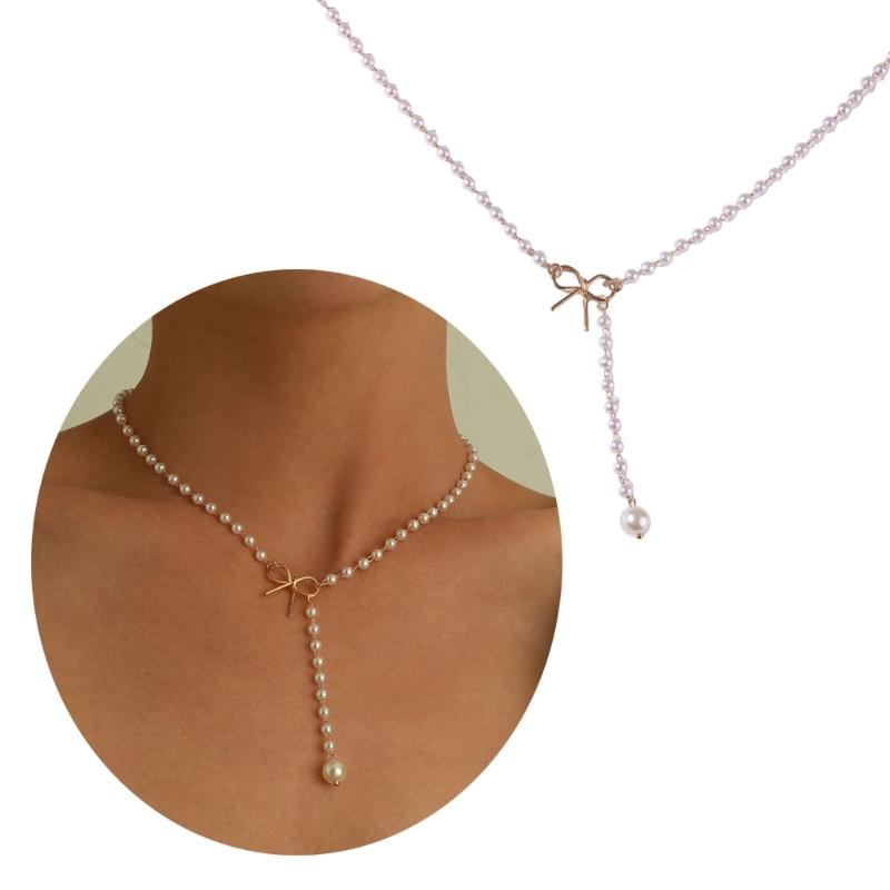Sweet Bowknot Tassels Pendant Necklace Fashion Pearls Chain Choker Simple Collar Necklace Clavicle Chain Party Jewelry