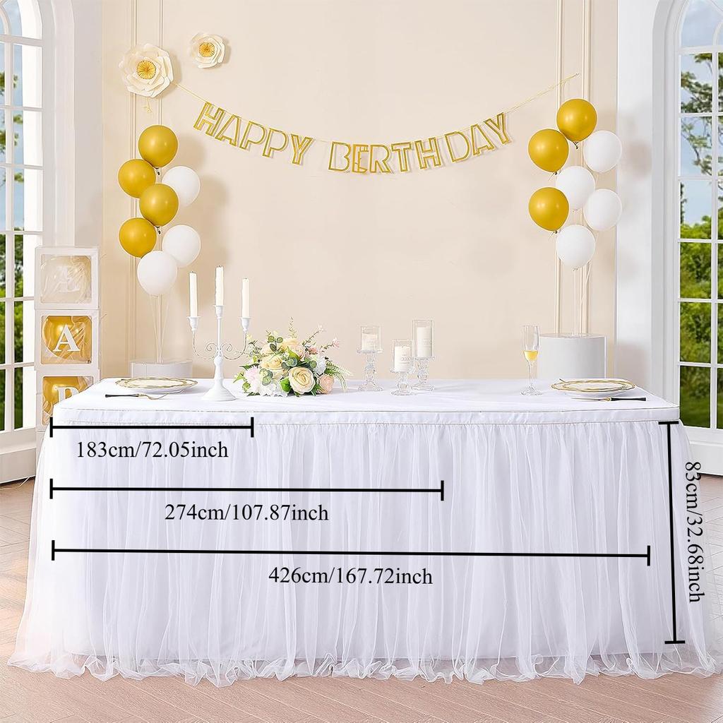 1pc White Mesh Table Skirt with Gold Edge, One Layer of Cloth, Two Layers of Yarn Velcro Table Skirt, Wedding Party Decorations