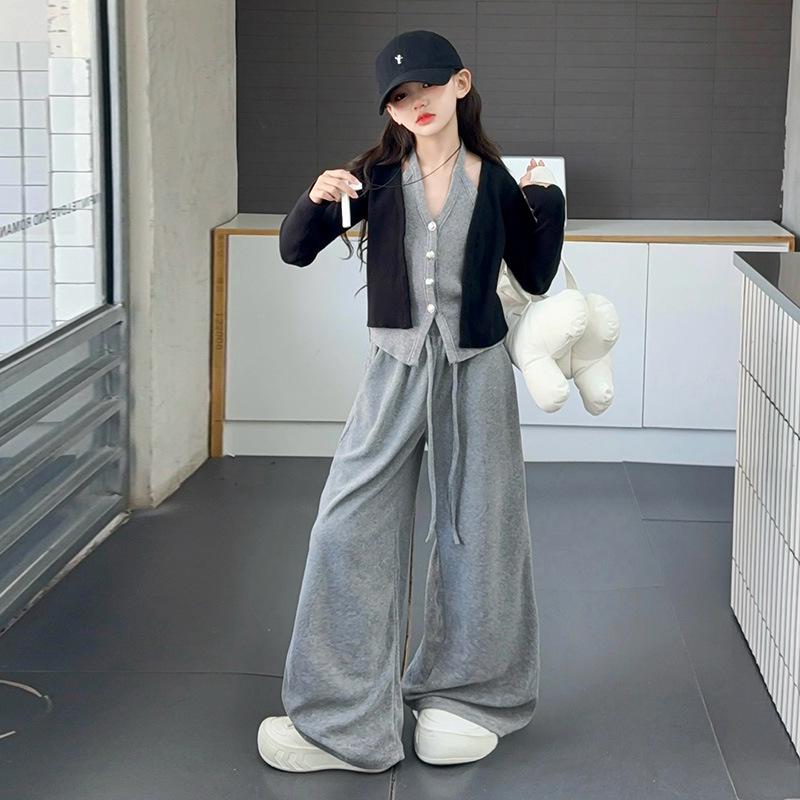 2025 Girls' Trendy Two-Piece Autumn Set: Cardigan Sweater & Wide-Leg Pants