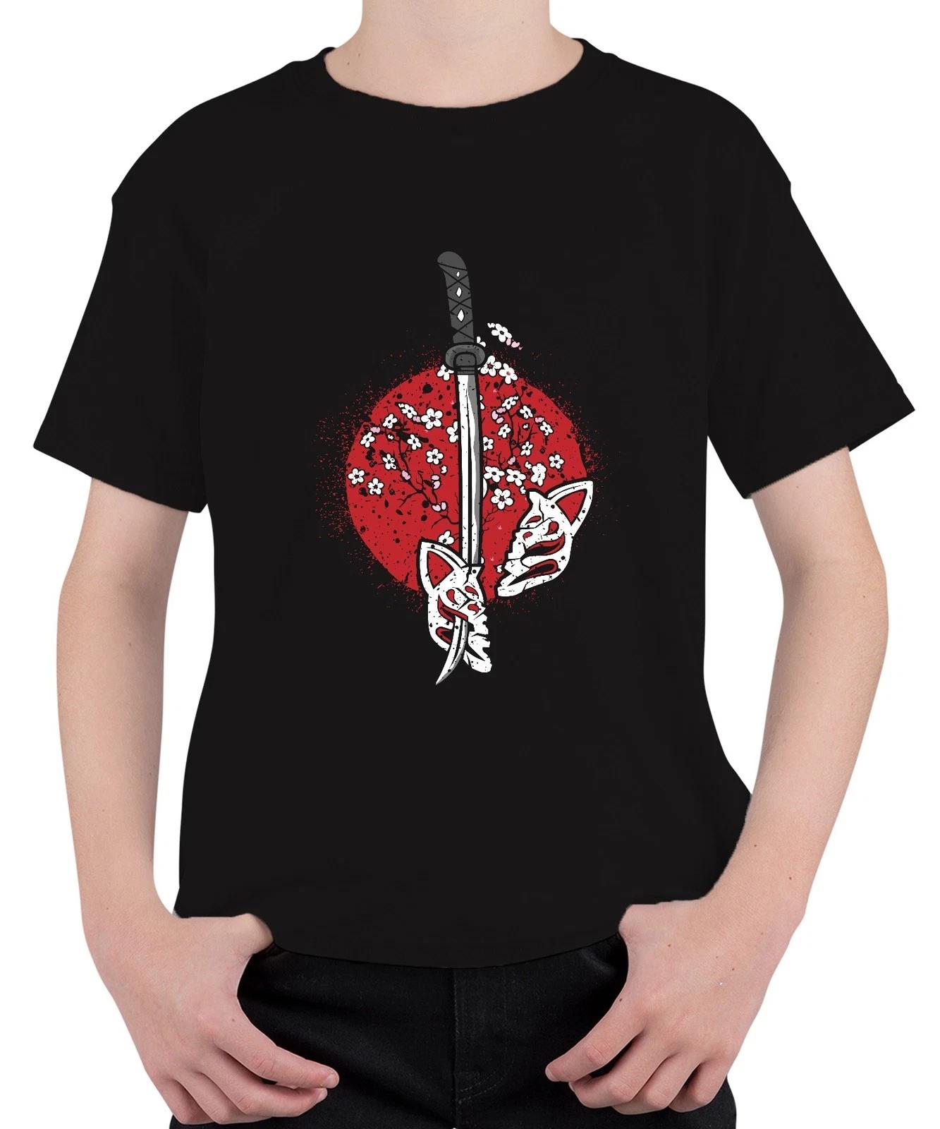 Katana Samurai Kitsune Maske Sakura Kirschblüten Japan Sonne Unisex Kinder T-Shi XS