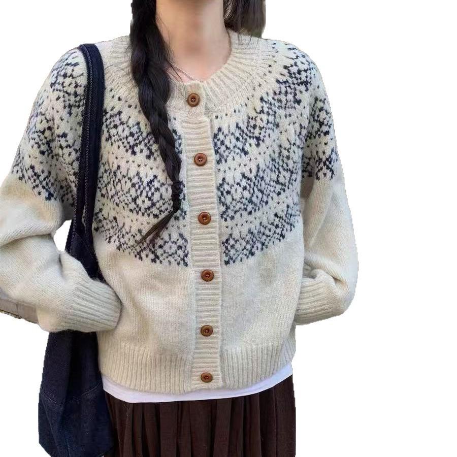 Women's Pure Wool Fair Isle Jacquard Cardigan: Autumn/Winter Loose Knit Sweater Coat, Versatile As Base Layer
