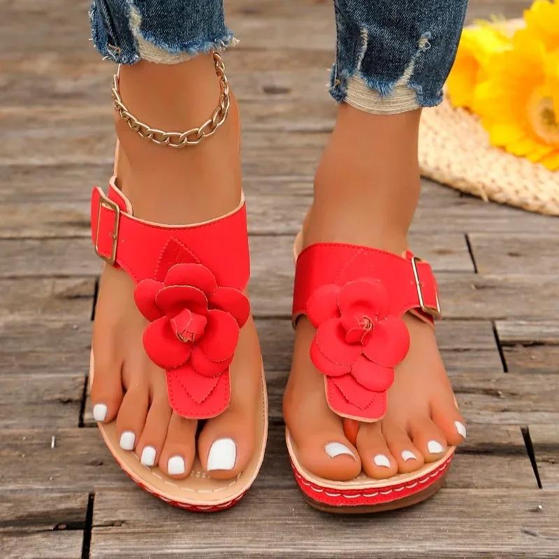 fashion Beach Shoes Slippers Women Summer on A Wedge Flower Slides Big Size Low Fashion Pantofle Rubber Flip Flops Sabot Luxury