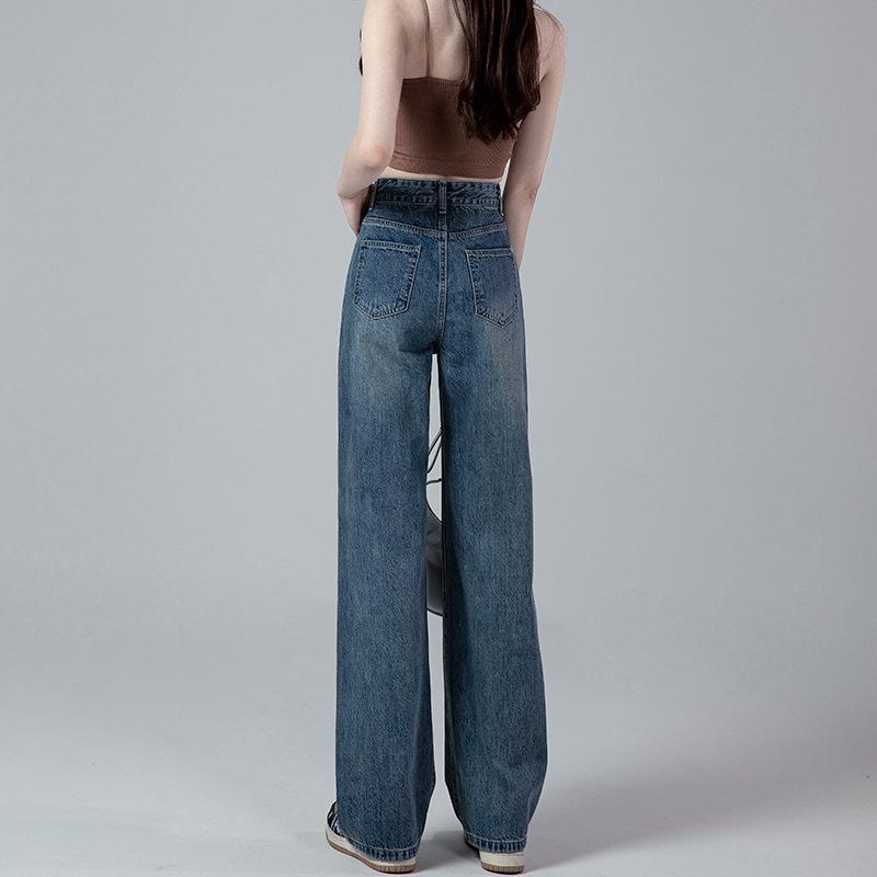 Women's Vintage High Waist Wide Leg Jeans: Retro Washed, Loose Fit, Plus Size, Floor-Length, Casual Drape Style