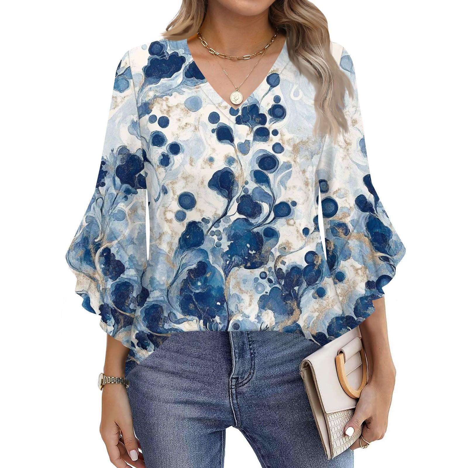 

Blouses For Women Dressy Casual 3/4 Length Sleeve Womens Tops V Neck Tshirts Shirts With Flared Sleeve XXL