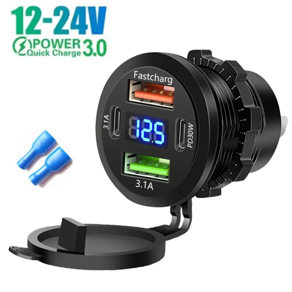83W PD30W Fast Charging 22.5W USB Type C 4 Ports Car Charger Socket with Voltmeter Power Outlet Adapter for 12V/24V RV Car Boat