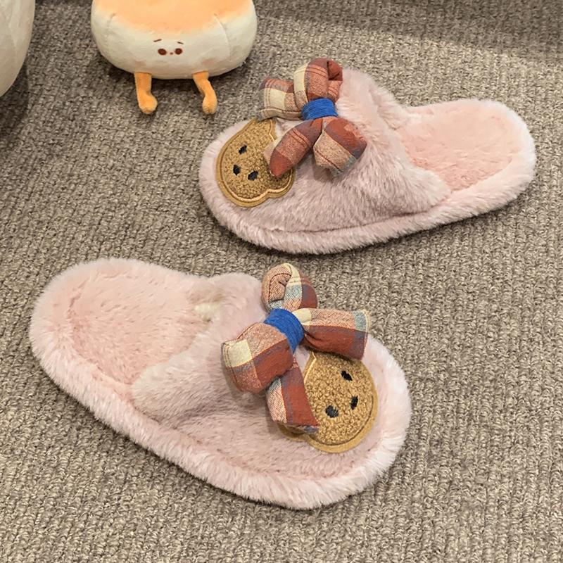 Chic Children's Slipper for Girls Cute Bear Bowknot Kids' Winter Shoes Soft Bottom Fluffy Toddlers Fashion Sweet Cotton Slippers