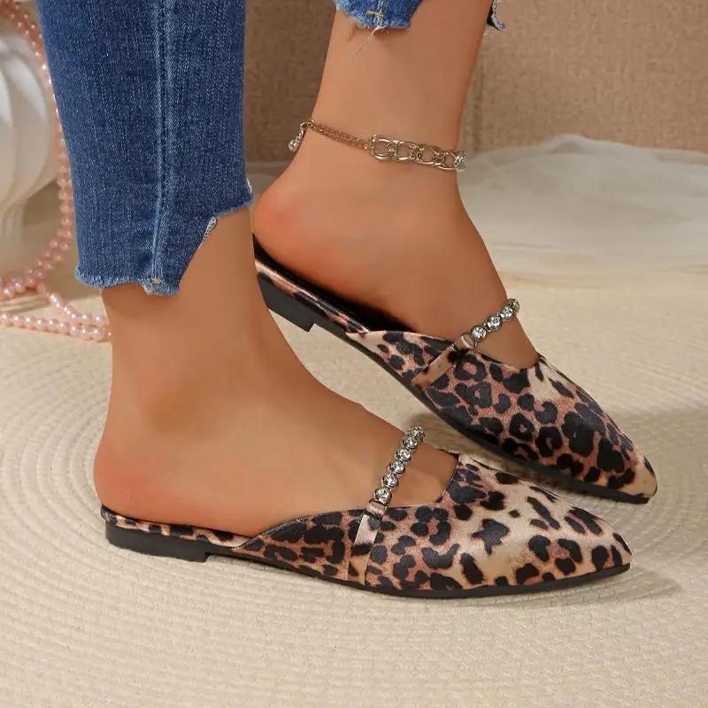 Fashion Sexy Leopard Pointed Toe Slippers Women 2025 Summer Suede Flat Heels Shoes Women Crystal Chain Slip On Black Daily Shoes