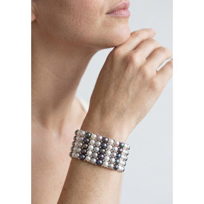 Bracelet - Pearls & Colors - 3-4 mm Rondes - Perle Blanche, Grise & Noire - Argent 925 - Qualité AAA+ - Femme