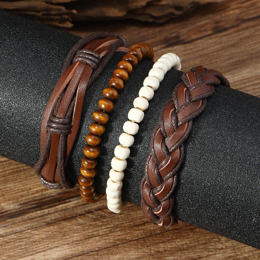 Foreign Trade Hot-selling Retro Style Handmade Wooden Beads Beaded Leather Hand Rope Combination Set Men's Woven Leather Bracelet