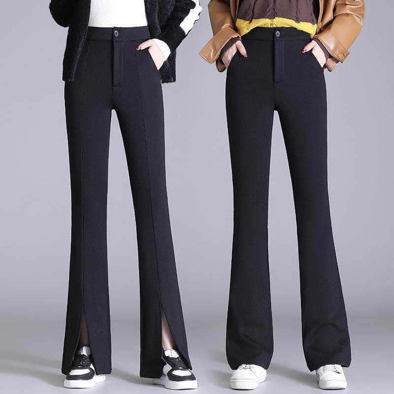 Pantaloni da donna autunno/inverno taglie forti neri in velluto a vita alta snellenti micro svasati