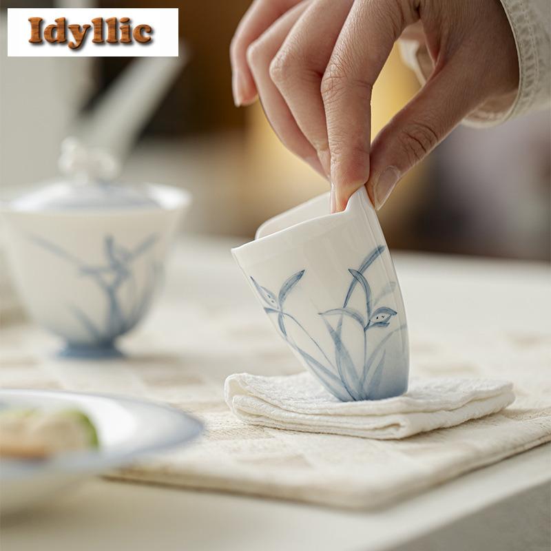 2pc/lot Hand Drawn Orchid Jade Mud Teacup Aesthetic Tea Bowl Tea Pair Tea-tasting Meditation Cup Jianzhan Master Cups Gift 65ml