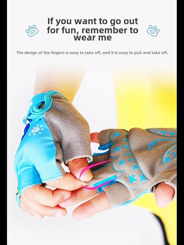 Dětské cyklistické rukavice s kreslenými motivy - tlumící nárazy, protiskluzové, prodyšné sportovní rukavice s půlprsty na kolo a odrážedla.