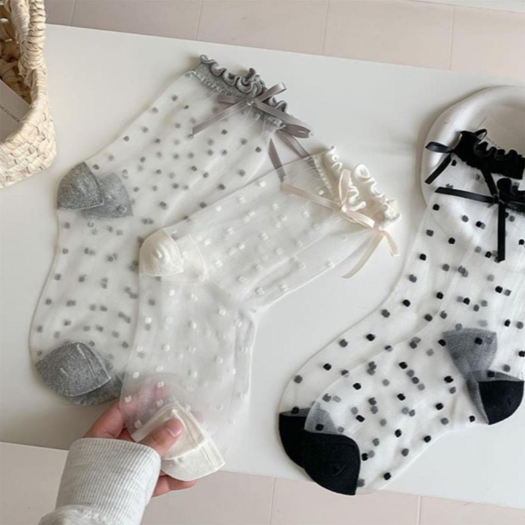 3pair women's Stockings French Sweet Lace Bow Polka Dot Transparent Glass Silk Socks for Women Elegant Comfortable Stockings