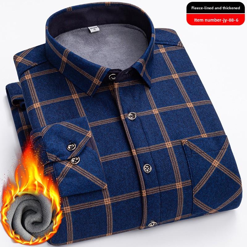 Plus Size Men's Thermal Shirt Men's Winter Fleece-Lined Thickened Checkered Long-Sleeved Shirt