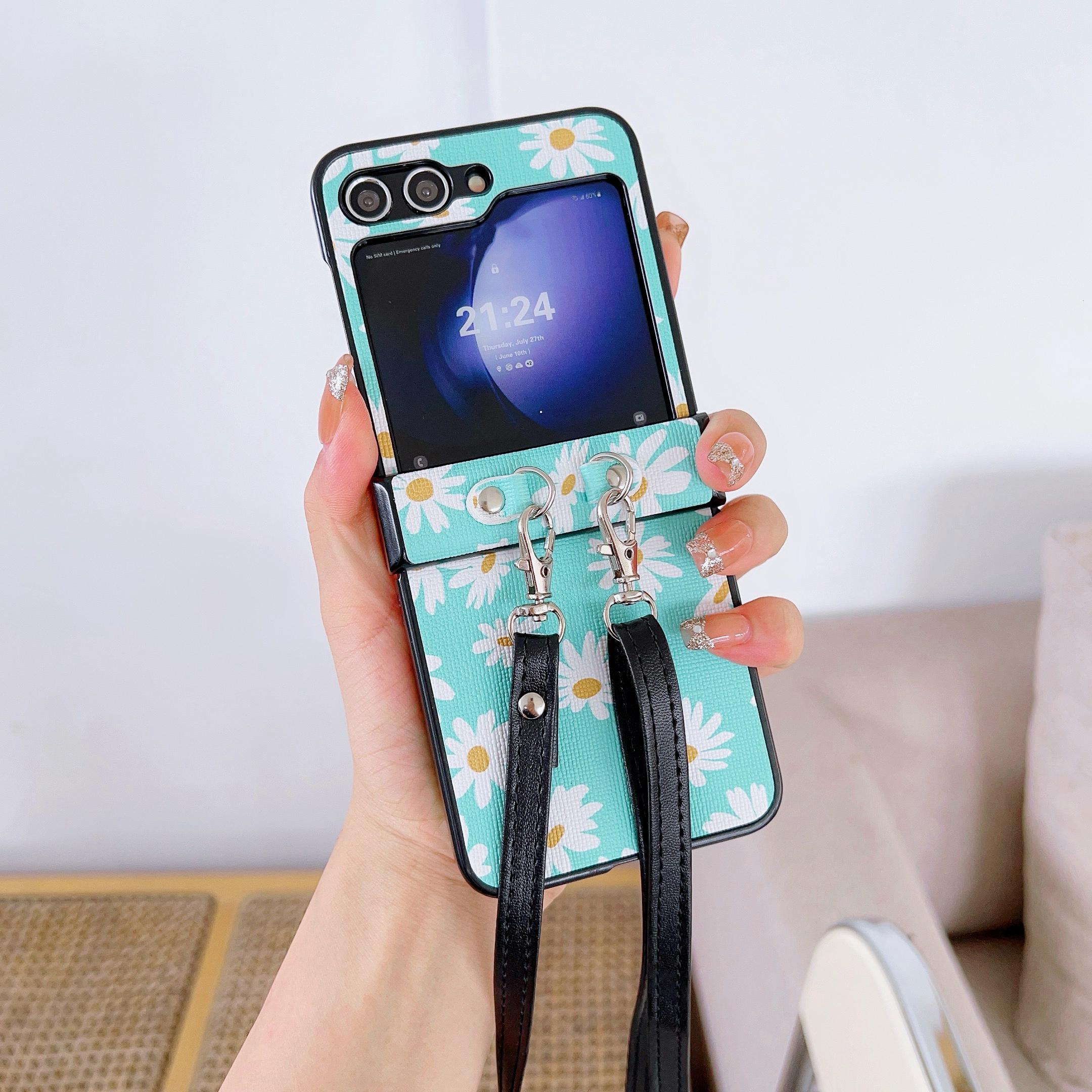 

For Samsung Galaxy Z Flip6 5G Chrysanthemum Pattern PU Leather+PC Phone Cover with Crossbody Strap Blue