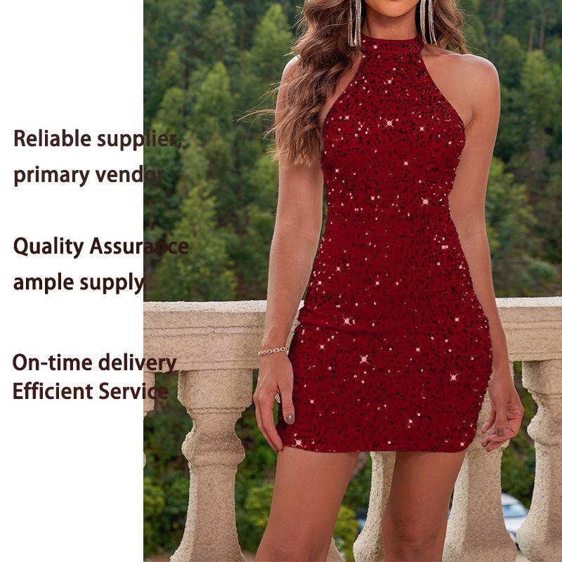 Robe Mini Bodycon à Sequins, Col Haut Halter, Dos Nu, Sans Manches, Scintillante, Élégante, pour Fête Cocktail Printemps Été, Sortie en Club