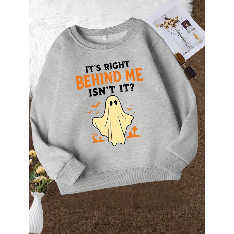 Girls' Spooky Halloween Sweatshirt - "It'S Right Behind Me Isn't It?" Ghost & Bat Print, Long Sleeve Round Neck Top with Pockets