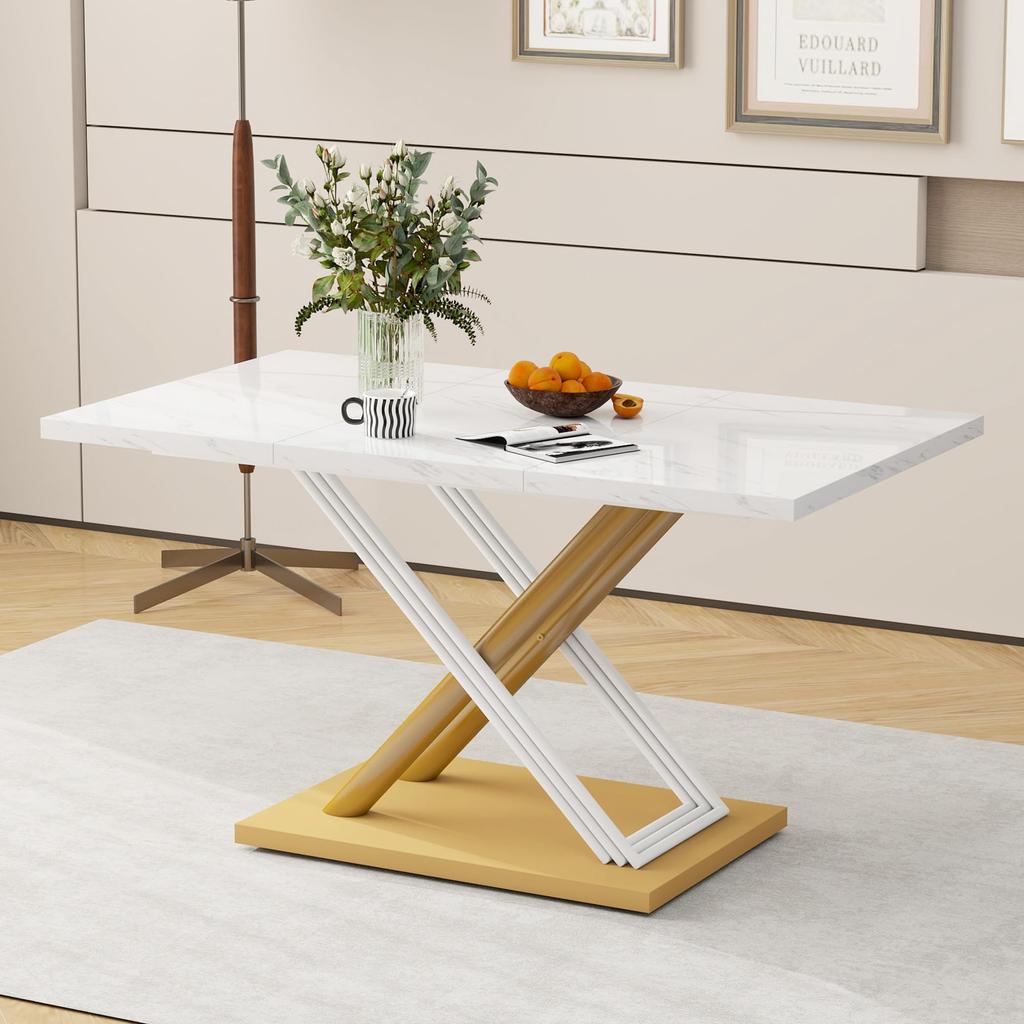 Dining Table for 4-6 People, 140x80cm, Modern Kitchen Table with Thickened Artificial Marble Tabletop and X-shaped Metal Legs