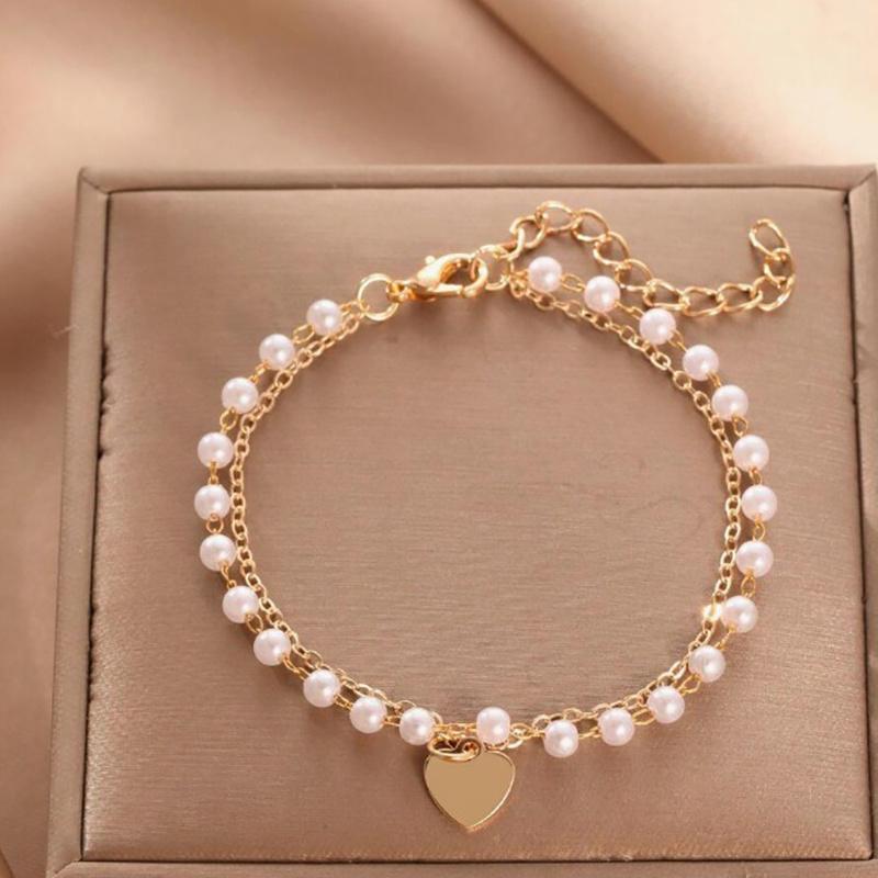 

Double layer pearl heart-shaped pendant couple bracelet золотой