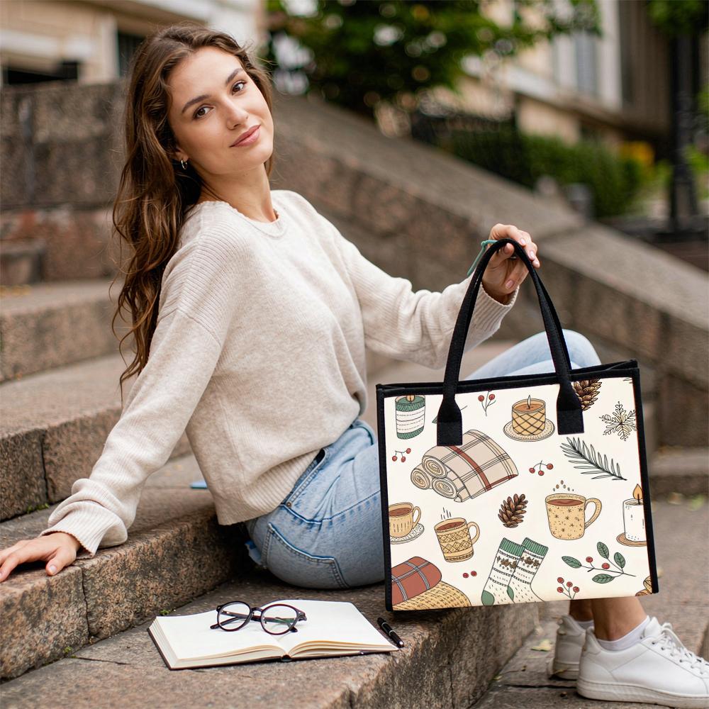 Cozy Winter Pattern Tote Bag Casual Large Capacity Holiday Shoulder Bag for Daily Use