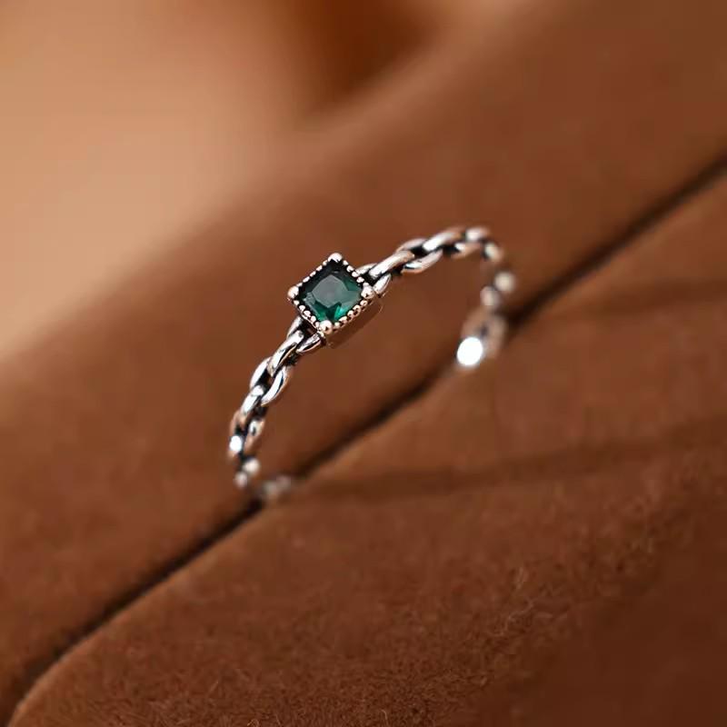 925 Silver-Plated Green Retro Adjustable Square Ring for Women